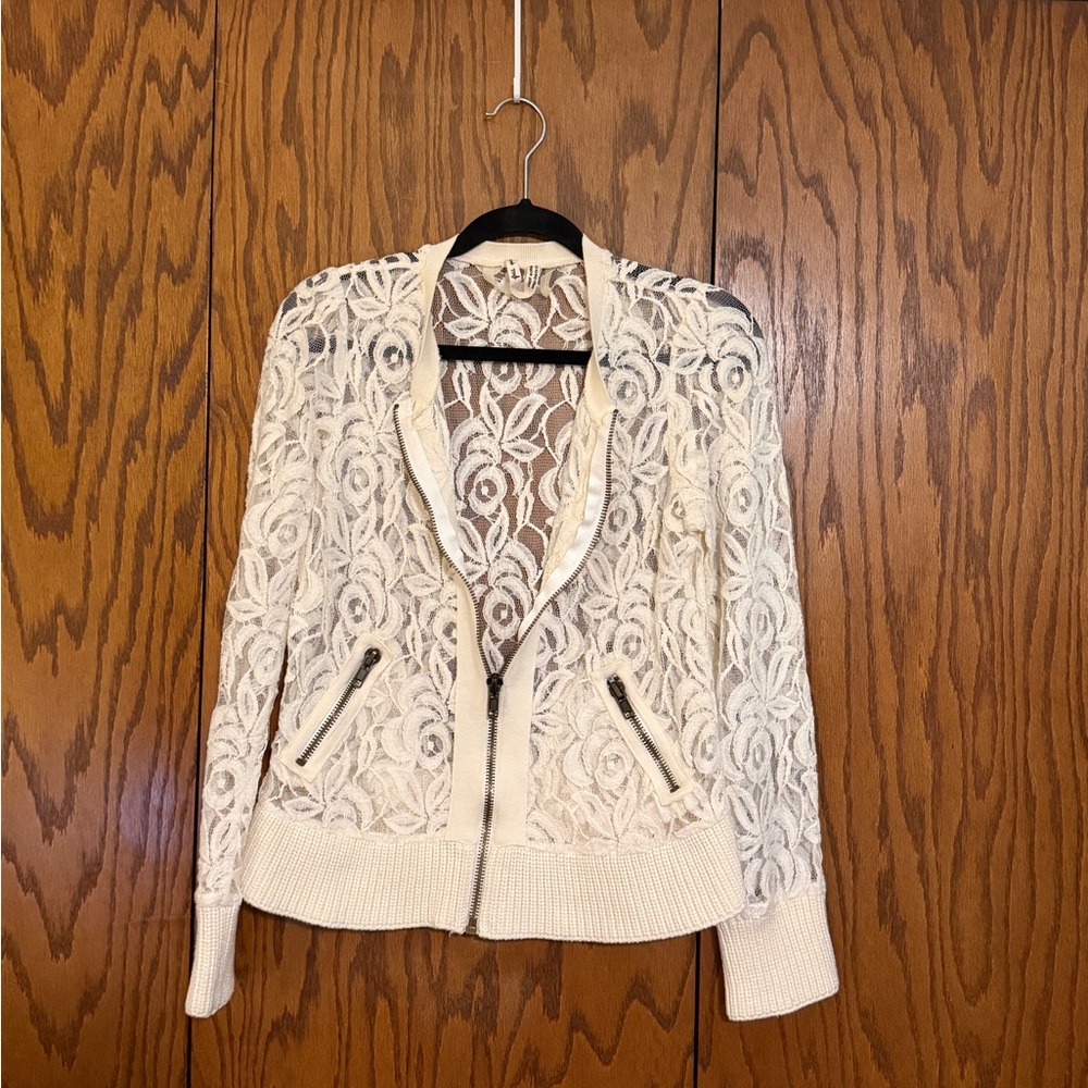 Free People Lace Zip Bomber Jacket Cream Medium